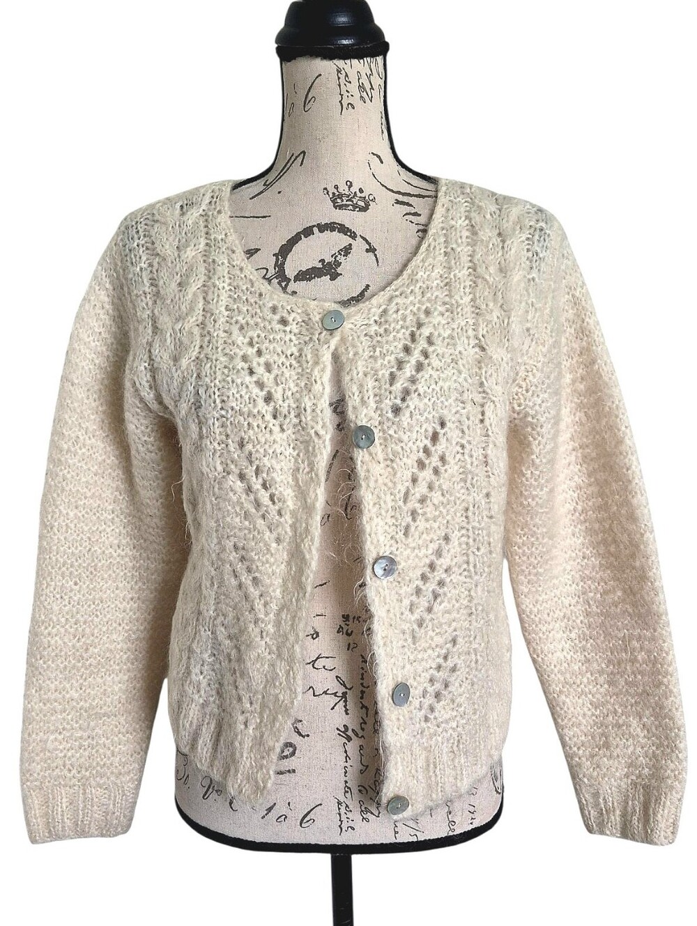 Garnet Hill Mohair Pointelle Cable Knit Cardigan sweater Cream S Cottagecore